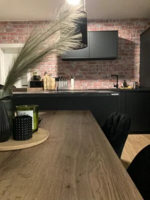 Dekorativni zidni panel imitacija stare cigle, model L-1902, zid iznad kuhinjskih elemenata - slikano iz daljine